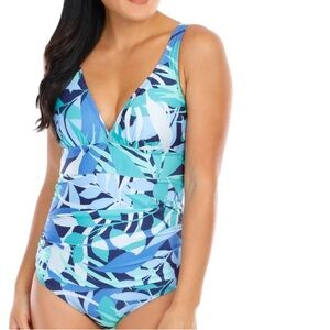 BNWOT Kathy Ireland beautiful blue fern print 1 pc hi back swimsuit